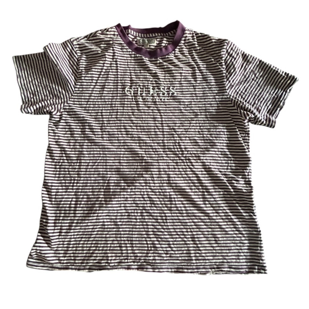 5/25$ ✨ Guess Burgundy & White Striped Tee for Men